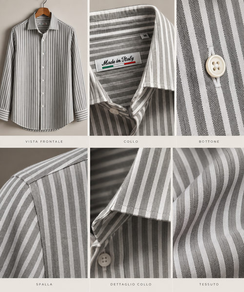 Camicia uomo in misto lino – Righe Verde Grigio e Bianco
